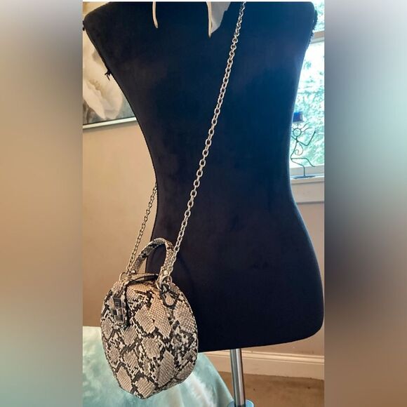 Zara Snakeskin Round Crossbody Bag Gold Chain & Handle Brown Beige Black Lined - Picture 6 of 17